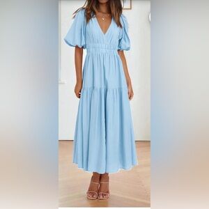 Light Sky Blue Midi dress with puff sleeves, v-neck, and elastic waist